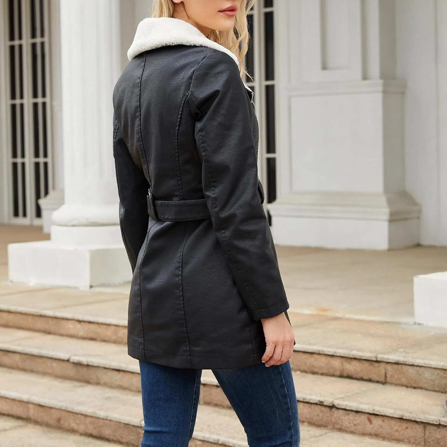 Women Faux Leather Moto Jacket Sherpa Fleece Lined Parka Coat Fall Fashion Motorcycle Coats Winter Outfits with Belt