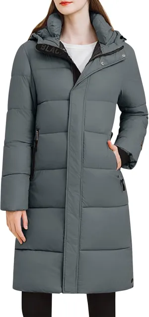 Women Long Quilted Coat Hooded Maxi Length Long Sleeve Puffer Jacket Padded Coat Winter Outerwear