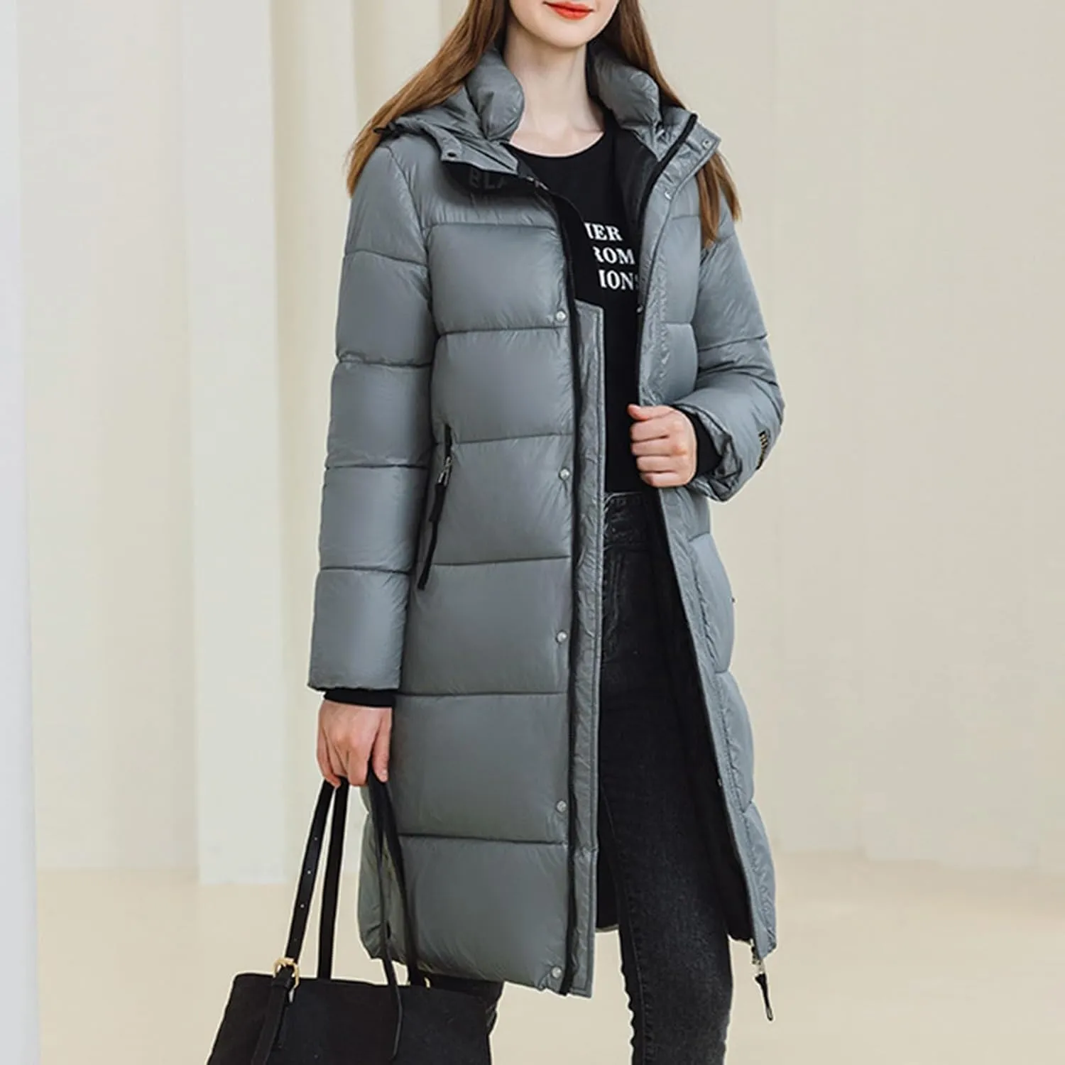 Women Long Quilted Coat Hooded Maxi Length Long Sleeve Puffer Jacket Padded Coat Winter Outerwear