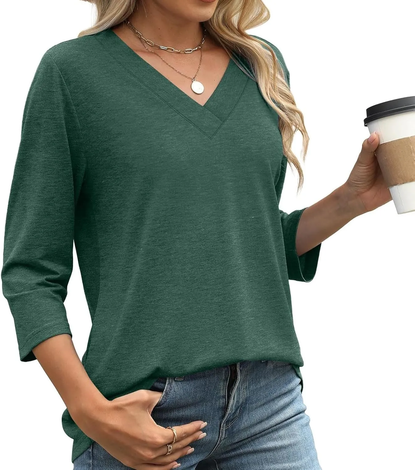 Women Summer 3/4 Sleeve Basic T-Shirts V-Neck Soft Comfy Tunic Tops Dressy Casual Loose Fit Tee Blouse for Going Out
