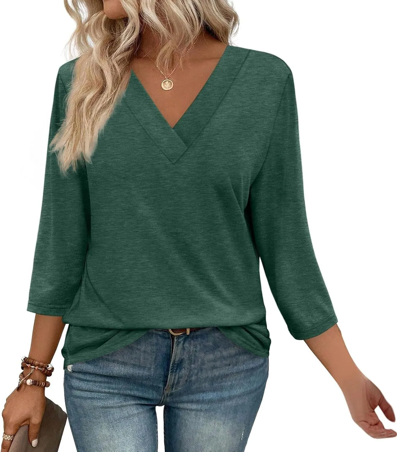 Women Summer 3/4 Sleeve Basic T-Shirts V-Neck Soft Comfy Tunic Tops Dressy Casual Loose Fit Tee Blouse for Going Out