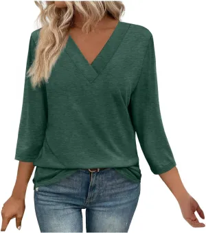 Women Summer 3/4 Sleeve Basic T-Shirts V-Neck Soft Comfy Tunic Tops Dressy Casual Loose Fit Tee Blouse for Going Out