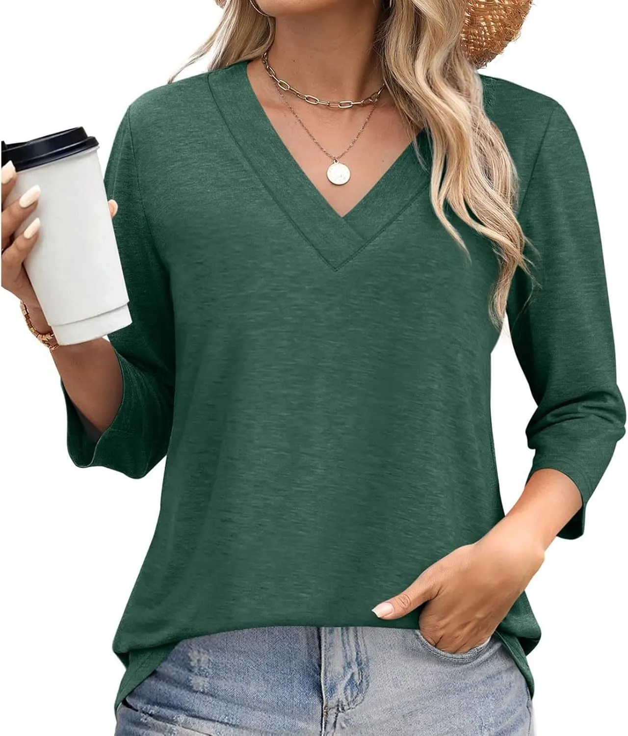 Women Summer 3/4 Sleeve Basic T-Shirts V-Neck Soft Comfy Tunic Tops Dressy Casual Loose Fit Tee Blouse for Going Out
