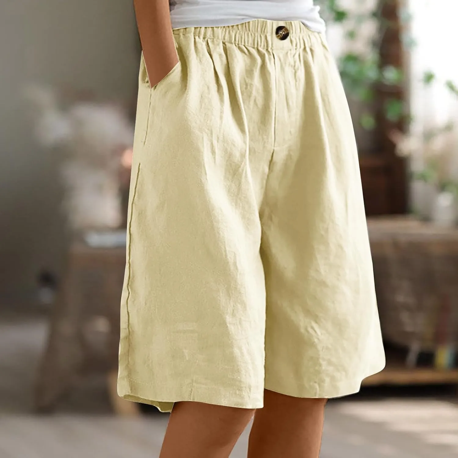 Women Summer Cotton Linen Bermuda Shorts Elastic Waist Wide Leg Shorts Loose Knee Length Shorts Casual Beach Shorts