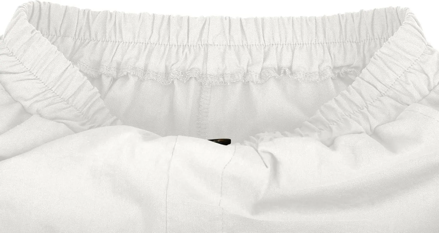 Women Summer Cotton Linen Bermuda Shorts Elastic Waist Wide Leg Shorts Loose Knee Length Shorts Casual Beach Shorts