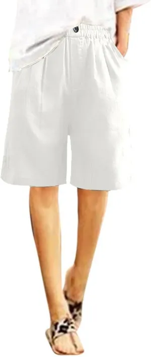 Women Summer Cotton Linen Bermuda Shorts Elastic Waist Wide Leg Shorts Loose Knee Length Shorts Casual Beach Shorts