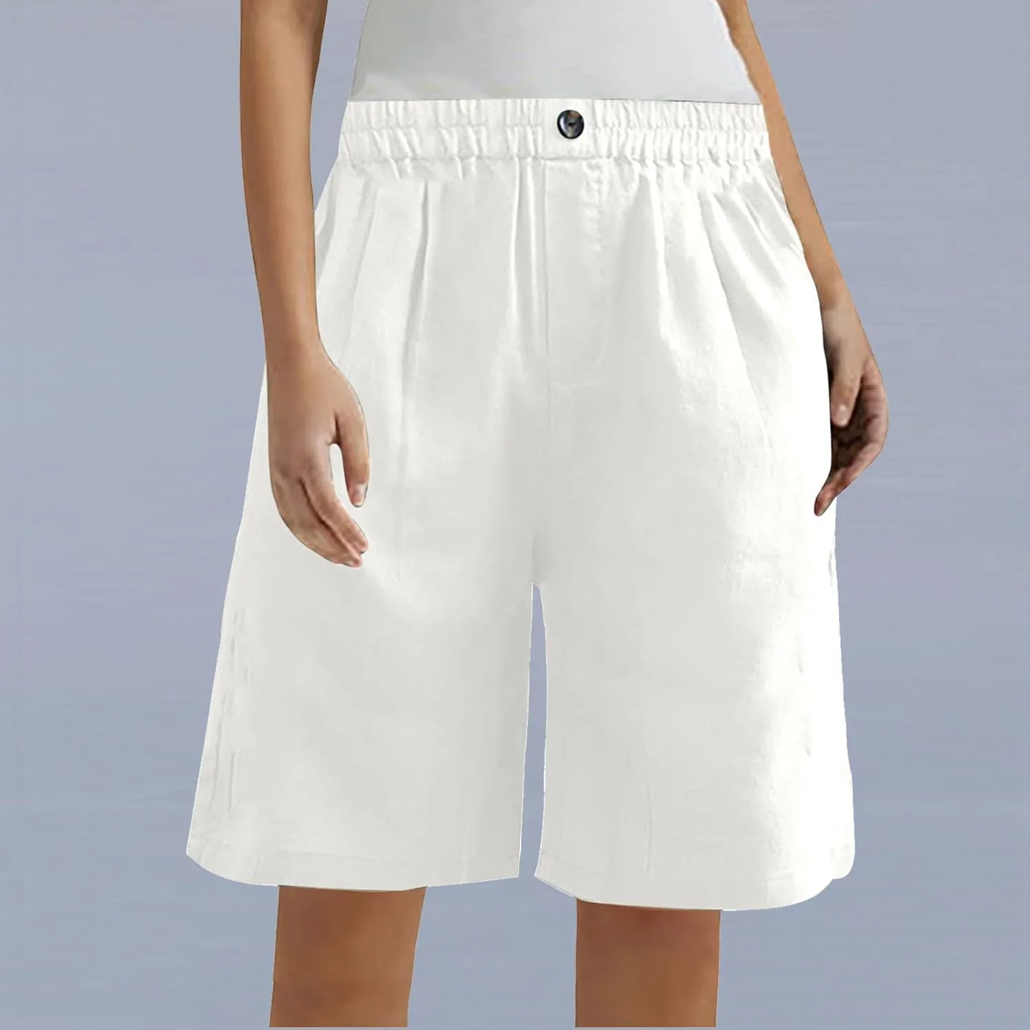 Women Summer Cotton Linen Bermuda Shorts Elastic Waist Wide Leg Shorts Loose Knee Length Shorts Casual Beach Shorts