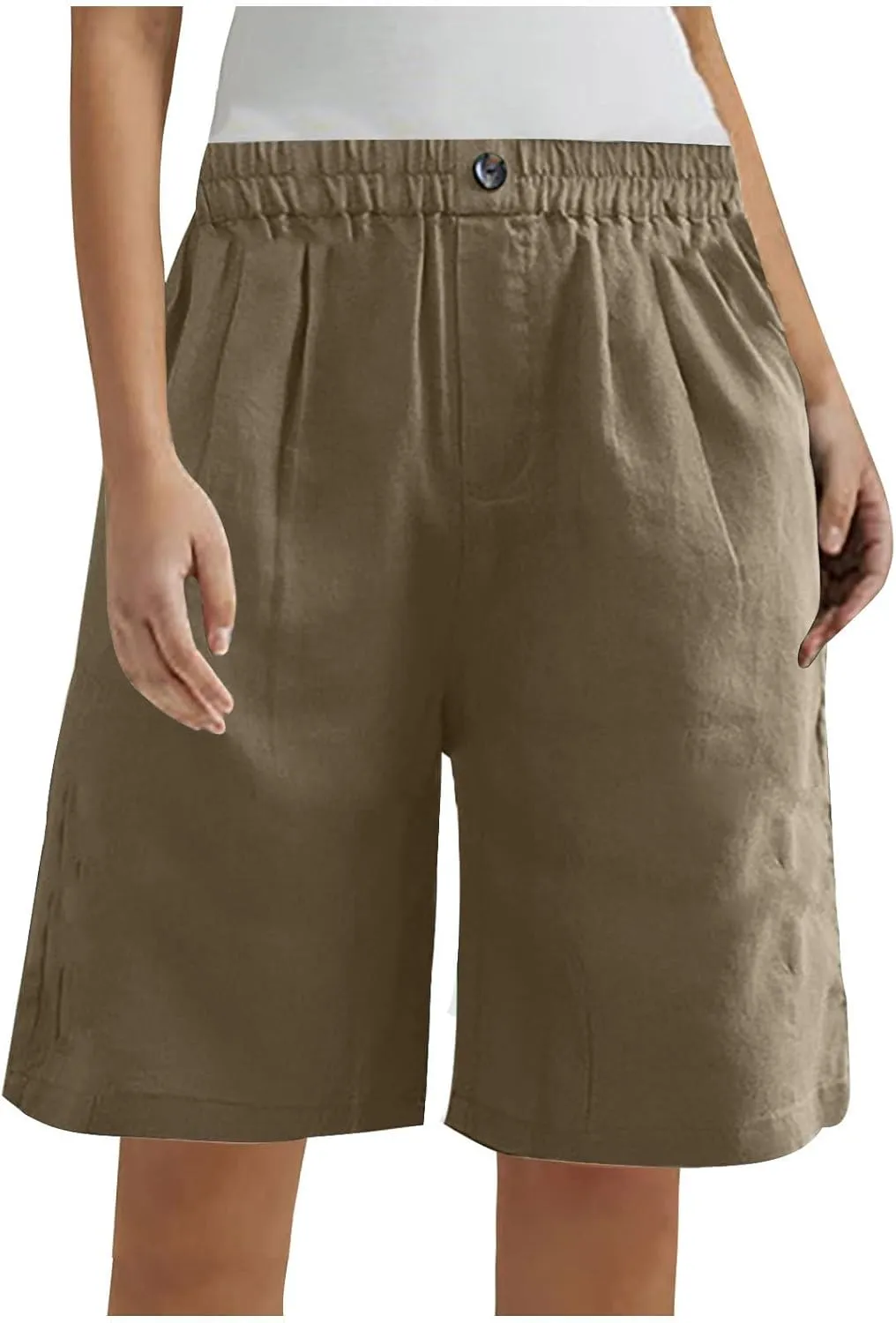 Women Summer Cotton Linen Bermuda Shorts Elastic Waist Wide Leg Shorts Loose Knee Length Shorts Casual Beach Shorts
