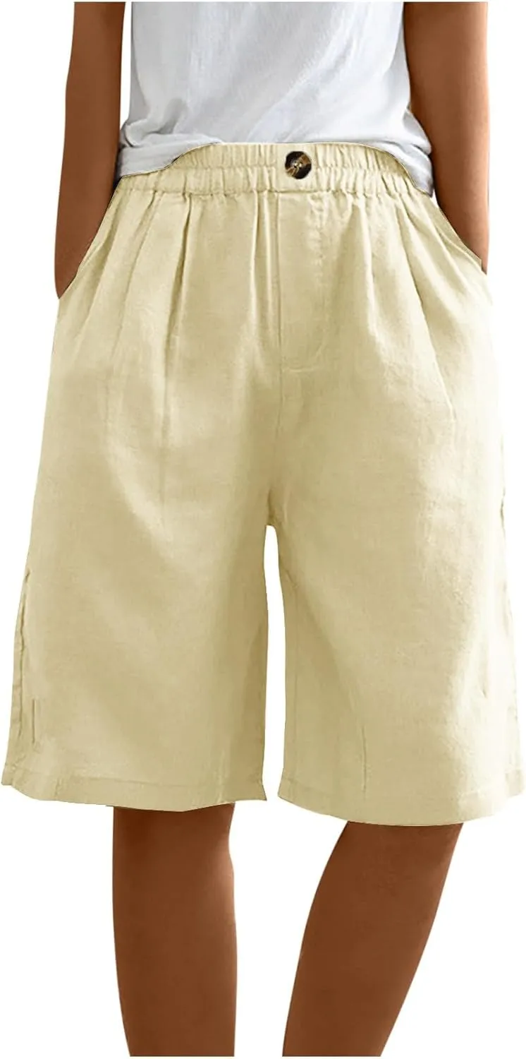 Women Summer Cotton Linen Bermuda Shorts Elastic Waist Wide Leg Shorts Loose Knee Length Shorts Casual Beach Shorts