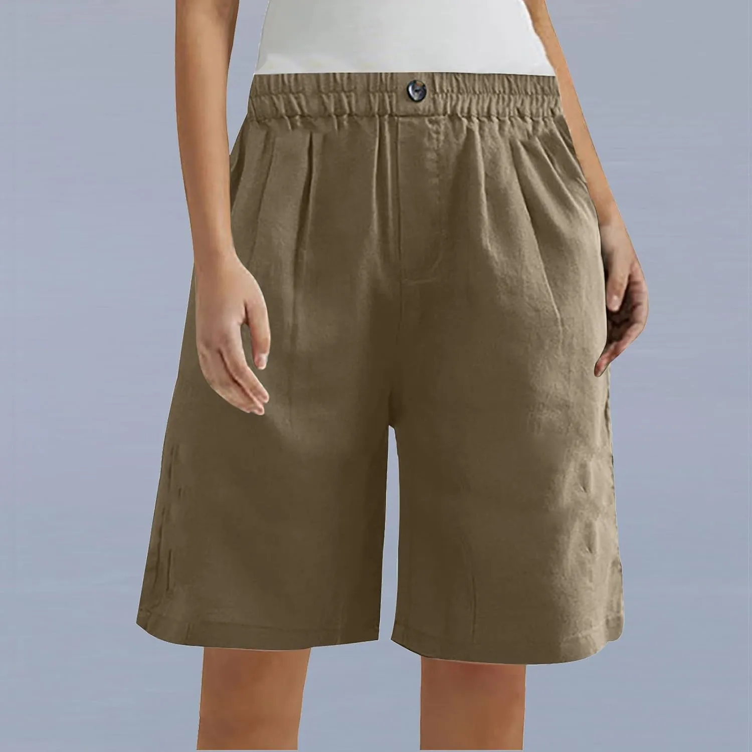 Women Summer Cotton Linen Bermuda Shorts Elastic Waist Wide Leg Shorts Loose Knee Length Shorts Casual Beach Shorts