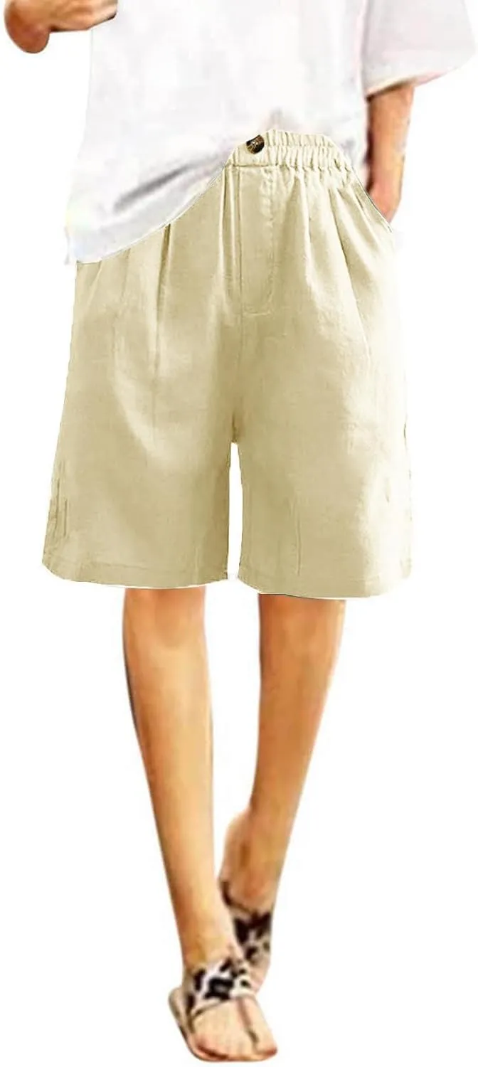 Women Summer Cotton Linen Bermuda Shorts Elastic Waist Wide Leg Shorts Loose Knee Length Shorts Casual Beach Shorts