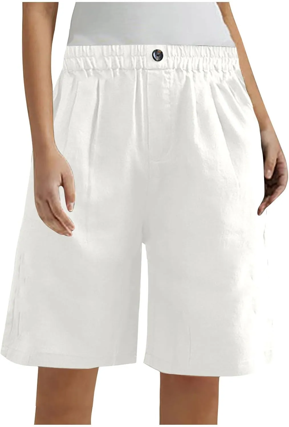 Women Summer Cotton Linen Bermuda Shorts Elastic Waist Wide Leg Shorts Loose Knee Length Shorts Casual Beach Shorts