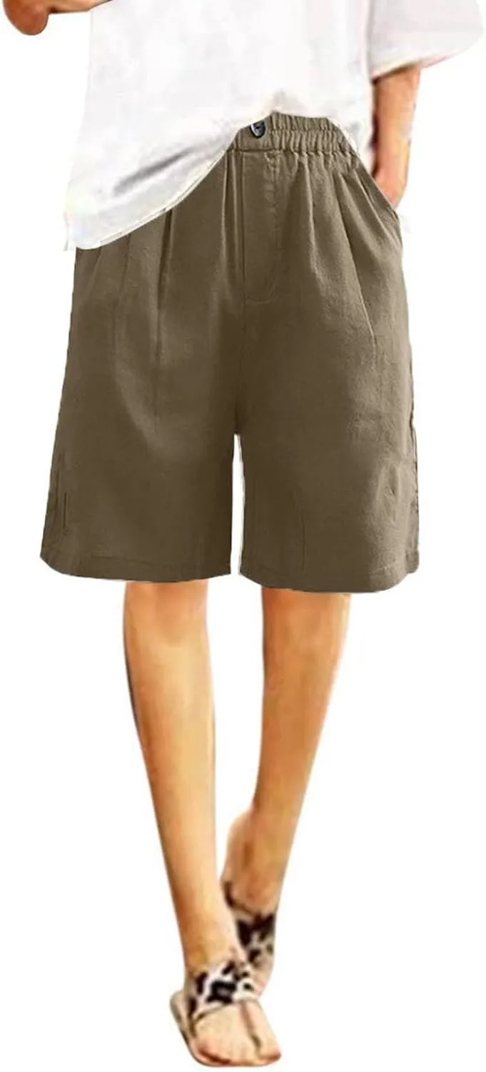 Women Summer Cotton Linen Bermuda Shorts Elastic Waist Wide Leg Shorts Loose Knee Length Shorts Casual Beach Shorts