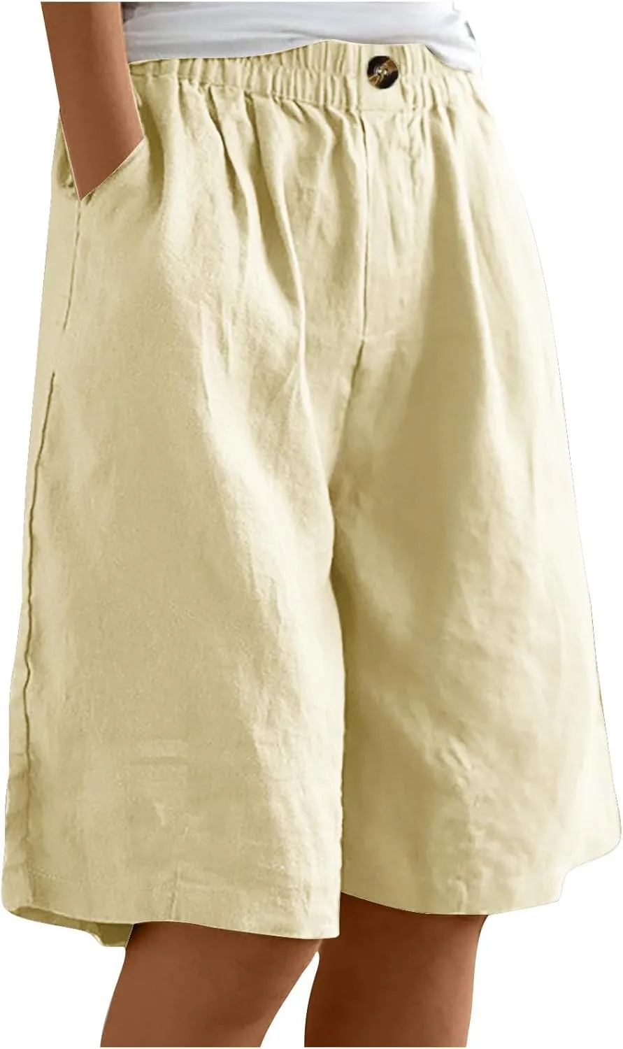Women Summer Cotton Linen Bermuda Shorts Elastic Waist Wide Leg Shorts Loose Knee Length Shorts Casual Beach Shorts