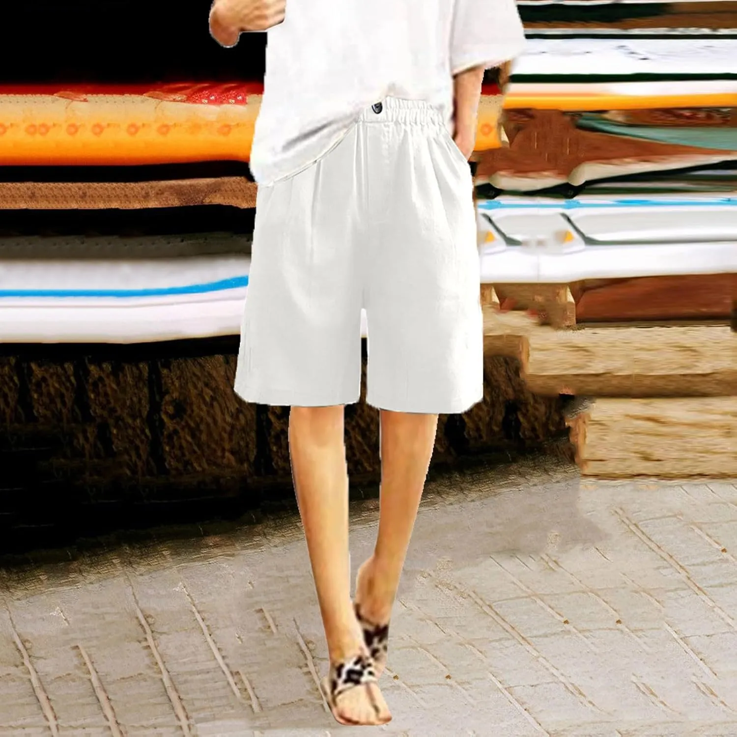 Women Summer Cotton Linen Bermuda Shorts Elastic Waist Wide Leg Shorts Loose Knee Length Shorts Casual Beach Shorts