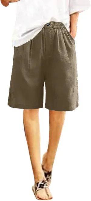 Women Summer Cotton Linen Bermuda Shorts Elastic Waist Wide Leg Shorts Loose Knee Length Shorts Casual Beach Shorts