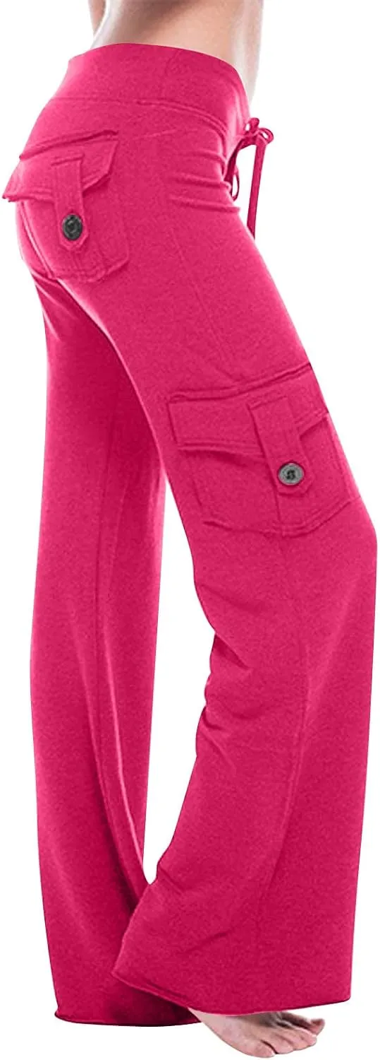Women Wide Leg Pants High Waist Stretch Flare Leggings Workout Cargo Sweatpants Soft Drawstring Athletic Pants