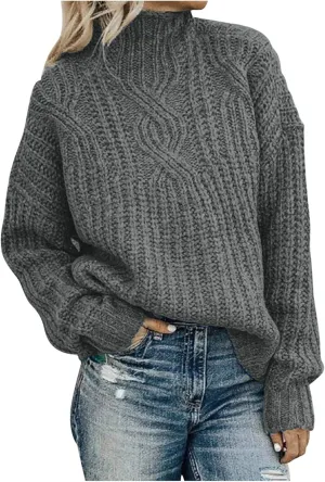 Women's 2023 Turtleneck Long Sleeve Sweaters Casual Loose Oversized Chunky Cable Knitted Pullover Sweater Jumper Tops