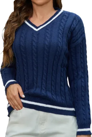 Women's Cable Knit Sweater 2024 Long Sleeve V Neck Casual Tops Color Block Pullover Shirts Fashion Winter Outfits