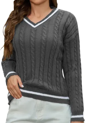 Women's Cable Knit Sweater 2024 Long Sleeve V Neck Casual Tops Color Block Pullover Shirts Fashion Winter Outfits