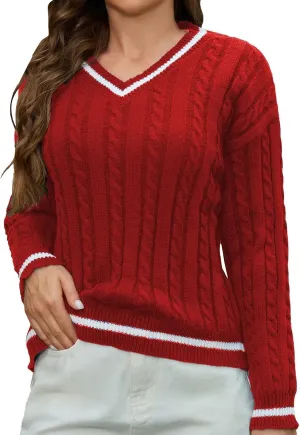 Women's Cable Knit Sweater 2024 Long Sleeve V Neck Casual Tops Color Block Pullover Shirts Fashion Winter Outfits