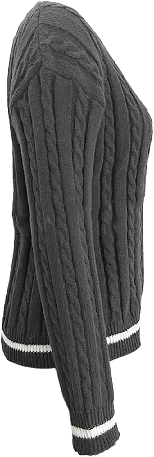 Women's Cable Knit Sweater 2024 Long Sleeve V Neck Casual Tops Color Block Pullover Shirts Fashion Winter Outfits