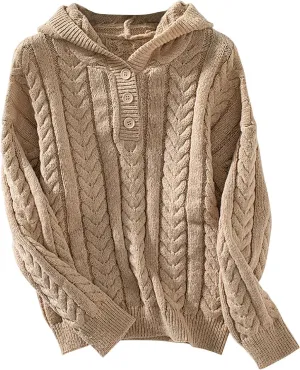 Women's Cable Knit Sweater Knitted Hoodies Sweatshirt Loose Fit Button Pullover Tops Casual Long Sleeve Outfits