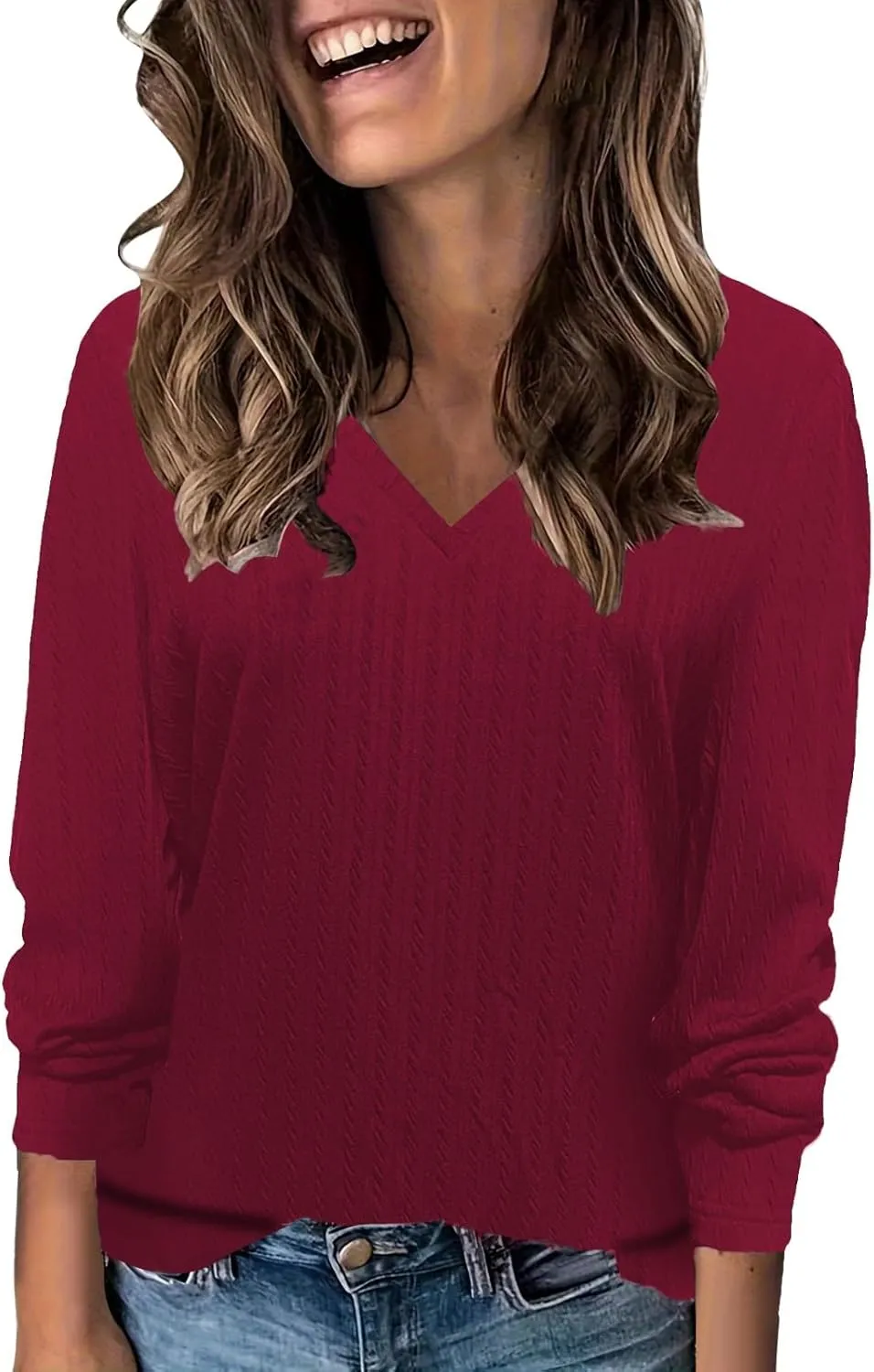 Women's Cable Knit Sweaters Long Sleeve V Neck Blouse Trendy 2024 Solid Color Sweater Tops Ladies Fall Daily Tops