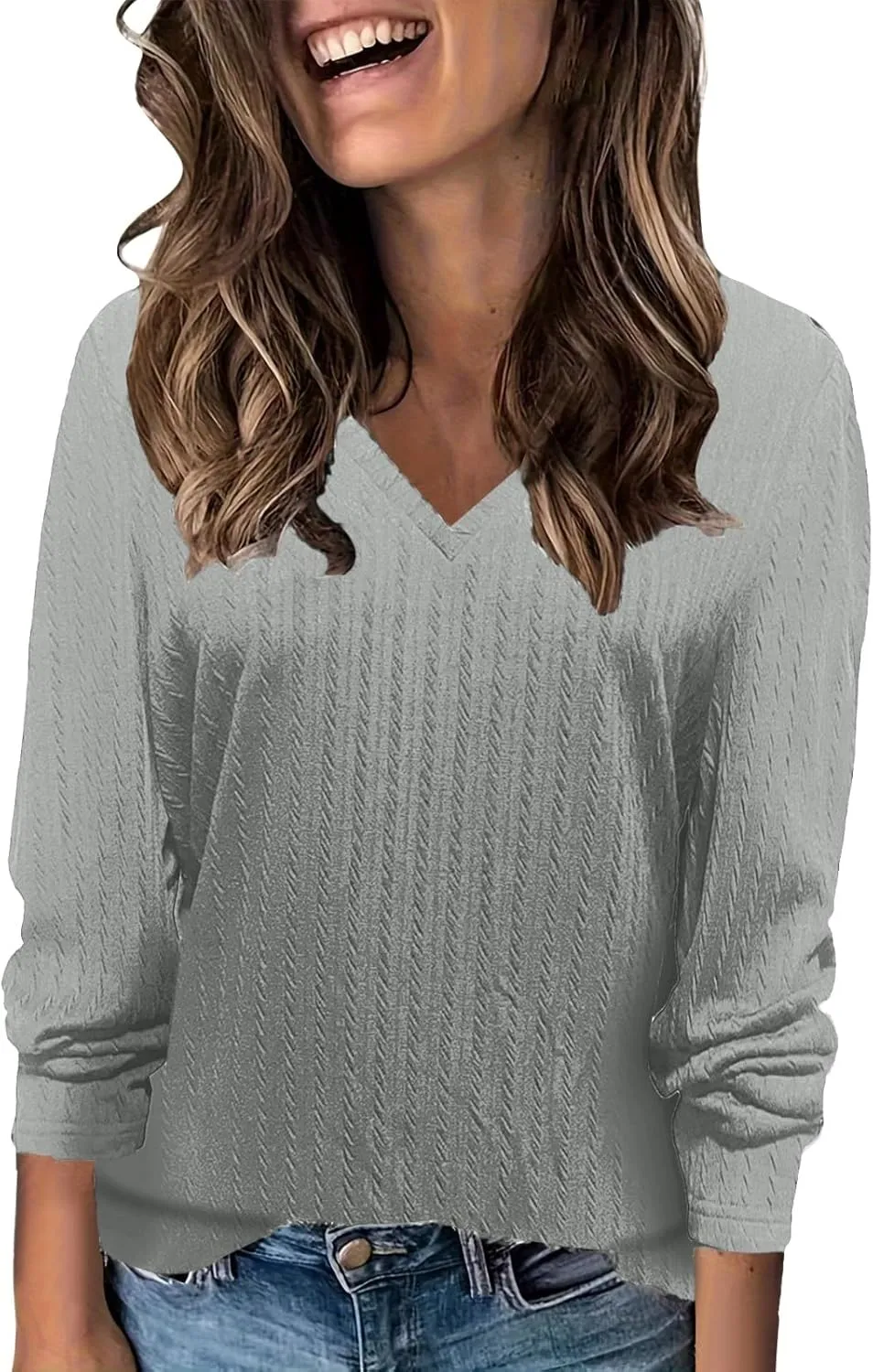 Women's Cable Knit Sweaters Long Sleeve V Neck Blouse Trendy 2024 Solid Color Sweater Tops Ladies Fall Daily Tops