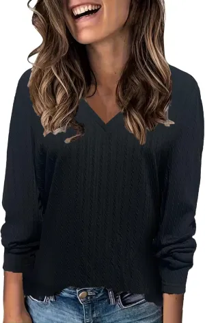 Women's Cable Knit Sweaters Long Sleeve V Neck Blouse Trendy 2024 Solid Color Sweater Tops Ladies Fall Daily Tops
