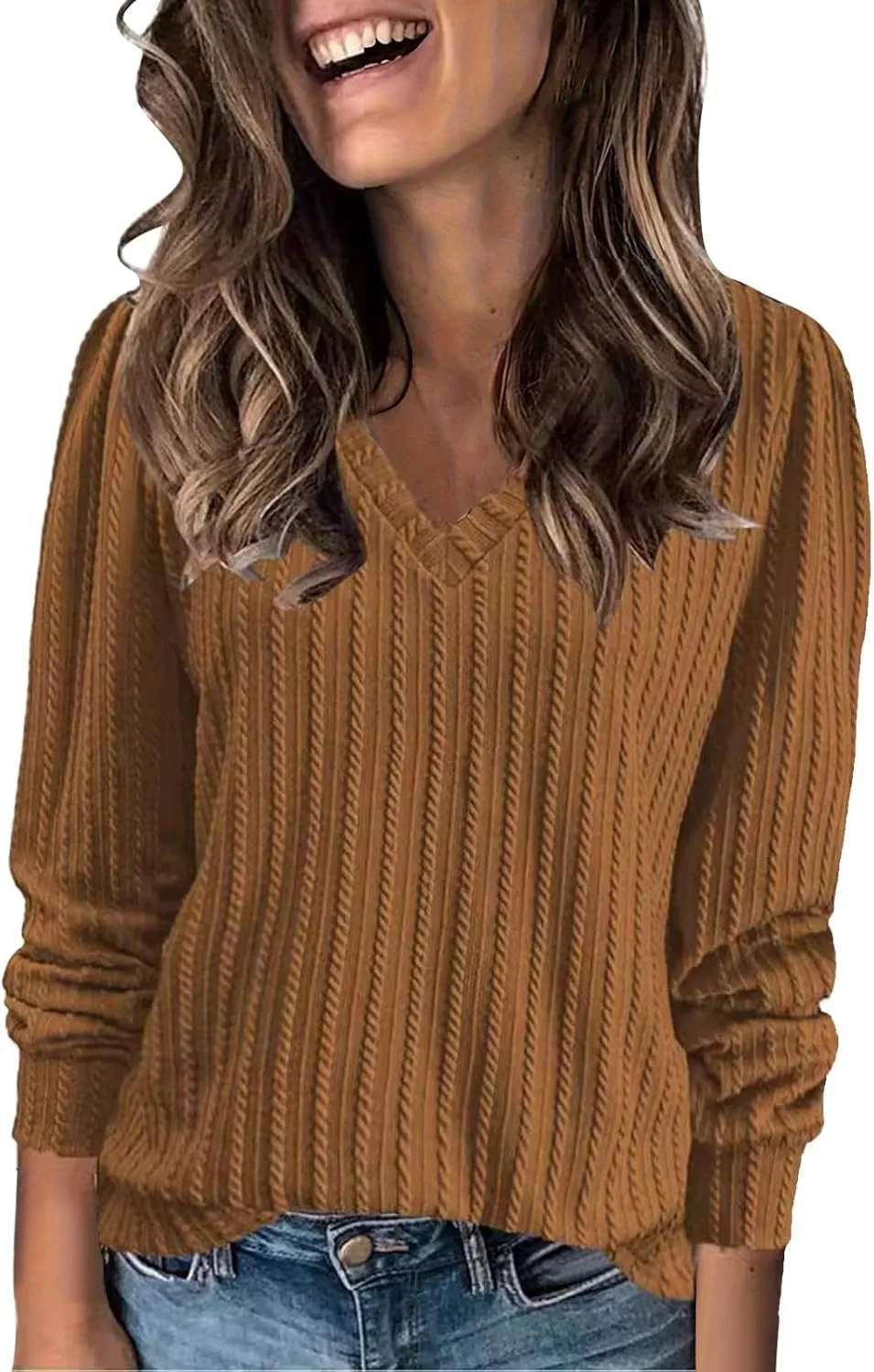 Women's Cable Knit Sweaters Long Sleeve V Neck Blouse Trendy 2024 Solid Color Sweater Tops Ladies Fall Daily Tops