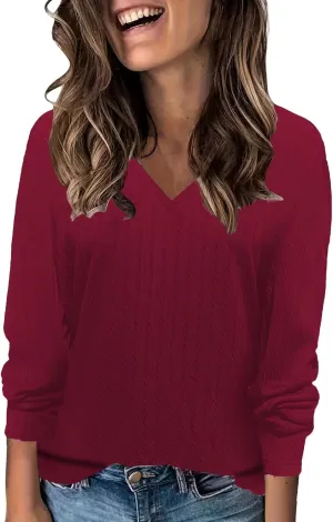 Women's Cable Knit Sweaters Long Sleeve V Neck Blouse Trendy 2024 Solid Color Sweater Tops Ladies Fall Daily Tops