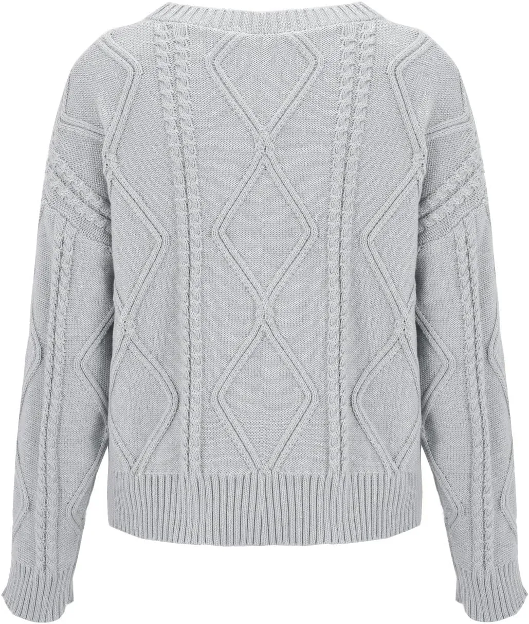 Womens Cable Knitted Sweater Long Sleeve Crew Neck Casual Fall Shirts Loose Fit Solid Color Pullover Sweaters Tops