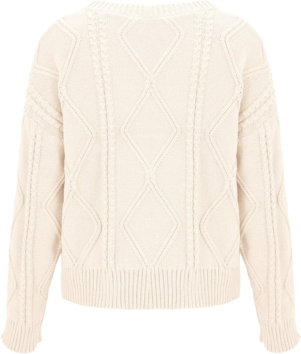 Womens Cable Knitted Sweater Long Sleeve Crew Neck Casual Fall Shirts Loose Fit Solid Color Pullover Sweaters Tops