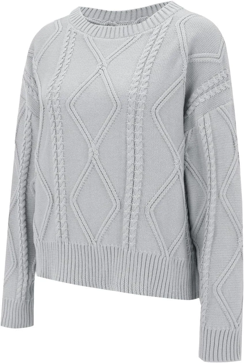 Womens Cable Knitted Sweater Long Sleeve Crew Neck Casual Fall Shirts Loose Fit Solid Color Pullover Sweaters Tops