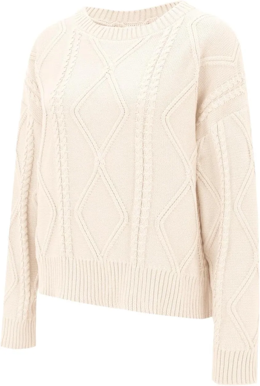 Womens Cable Knitted Sweater Long Sleeve Crew Neck Casual Fall Shirts Loose Fit Solid Color Pullover Sweaters Tops