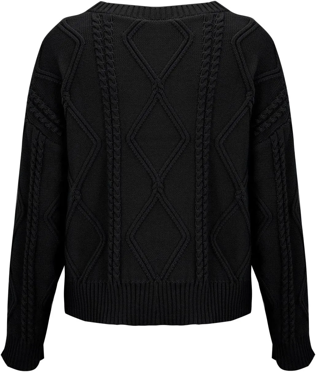 Womens Cable Knitted Sweater Long Sleeve Crew Neck Casual Fall Shirts Loose Fit Solid Color Pullover Sweaters Tops