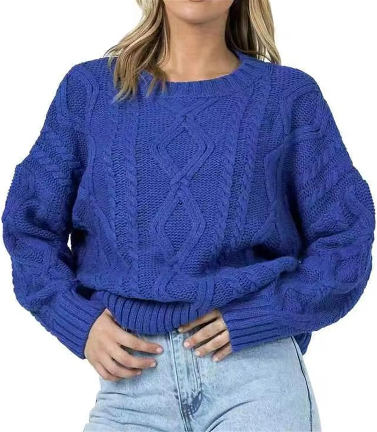 Womens Cable Knitted Sweater Long Sleeve Crew Neck Casual Fall Shirts Loose Fit Solid Color Pullover Sweaters Tops
