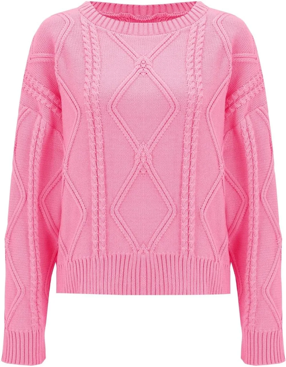 Womens Cable Knitted Sweater Long Sleeve Crew Neck Casual Fall Shirts Loose Fit Solid Color Pullover Sweaters Tops