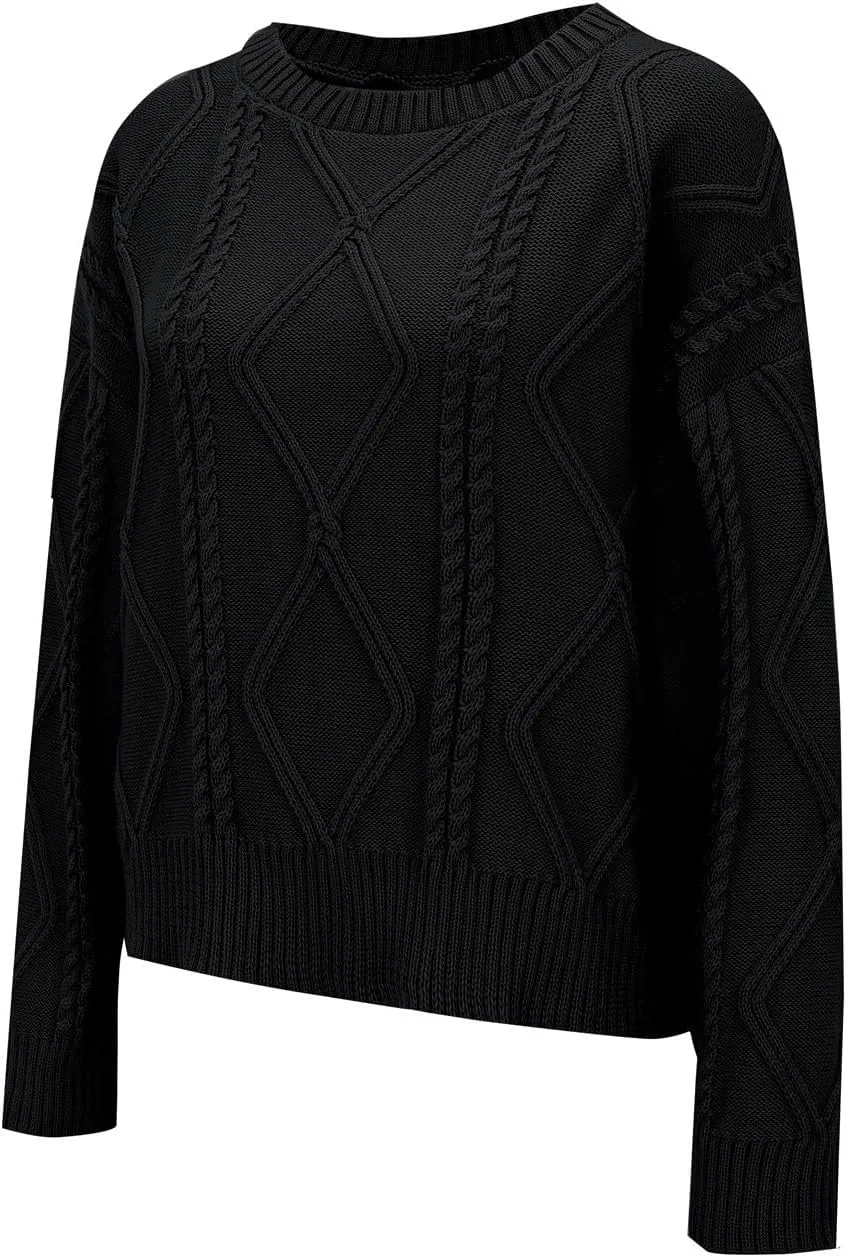 Womens Cable Knitted Sweater Long Sleeve Crew Neck Casual Fall Shirts Loose Fit Solid Color Pullover Sweaters Tops