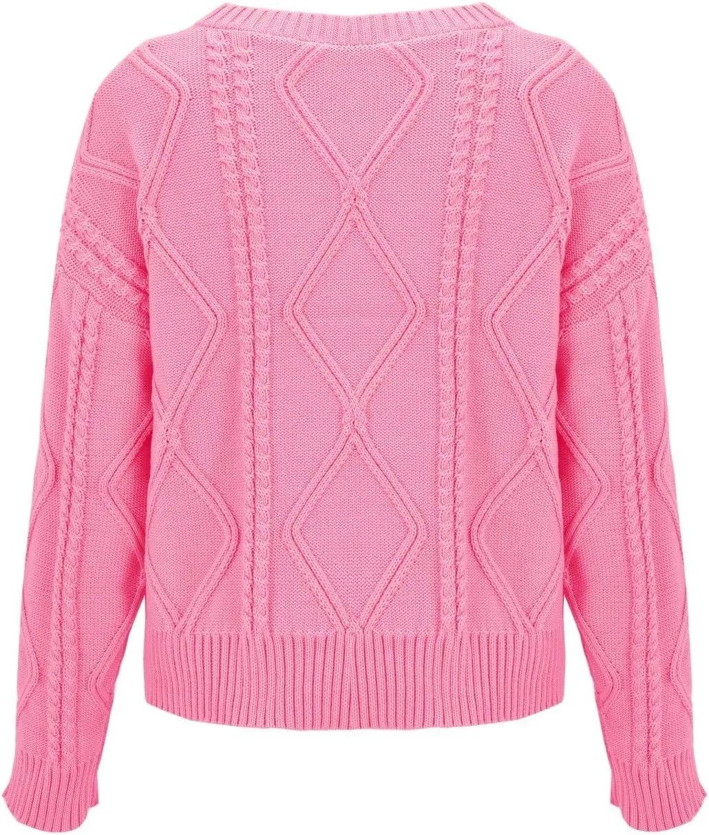 Womens Cable Knitted Sweater Long Sleeve Crew Neck Casual Fall Shirts Loose Fit Solid Color Pullover Sweaters Tops