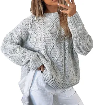 Womens Cable Knitted Sweater Long Sleeve Crew Neck Casual Fall Shirts Loose Fit Solid Color Pullover Sweaters Tops