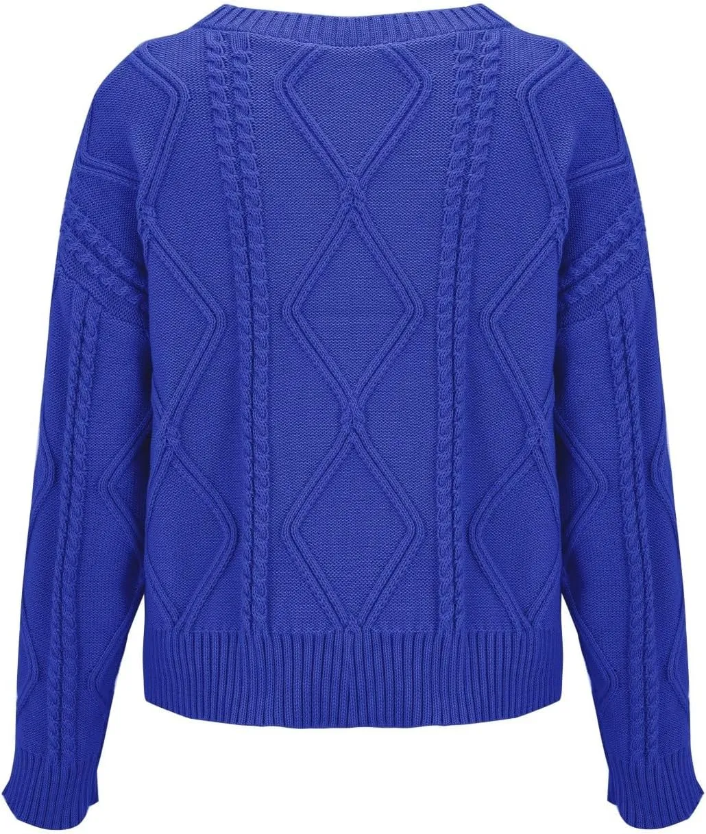 Womens Cable Knitted Sweater Long Sleeve Crew Neck Casual Fall Shirts Loose Fit Solid Color Pullover Sweaters Tops