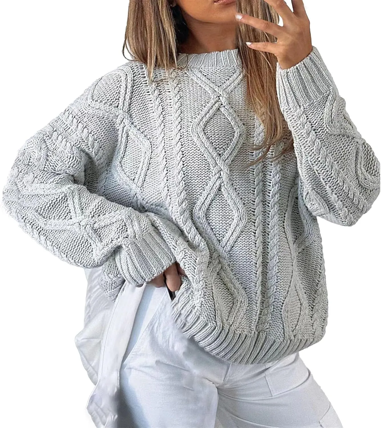 Womens Cable Knitted Sweater Long Sleeve Crew Neck Casual Fall Shirts Loose Fit Solid Color Pullover Sweaters Tops