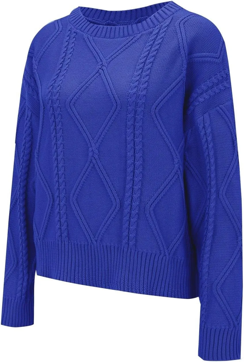 Womens Cable Knitted Sweater Long Sleeve Crew Neck Casual Fall Shirts Loose Fit Solid Color Pullover Sweaters Tops