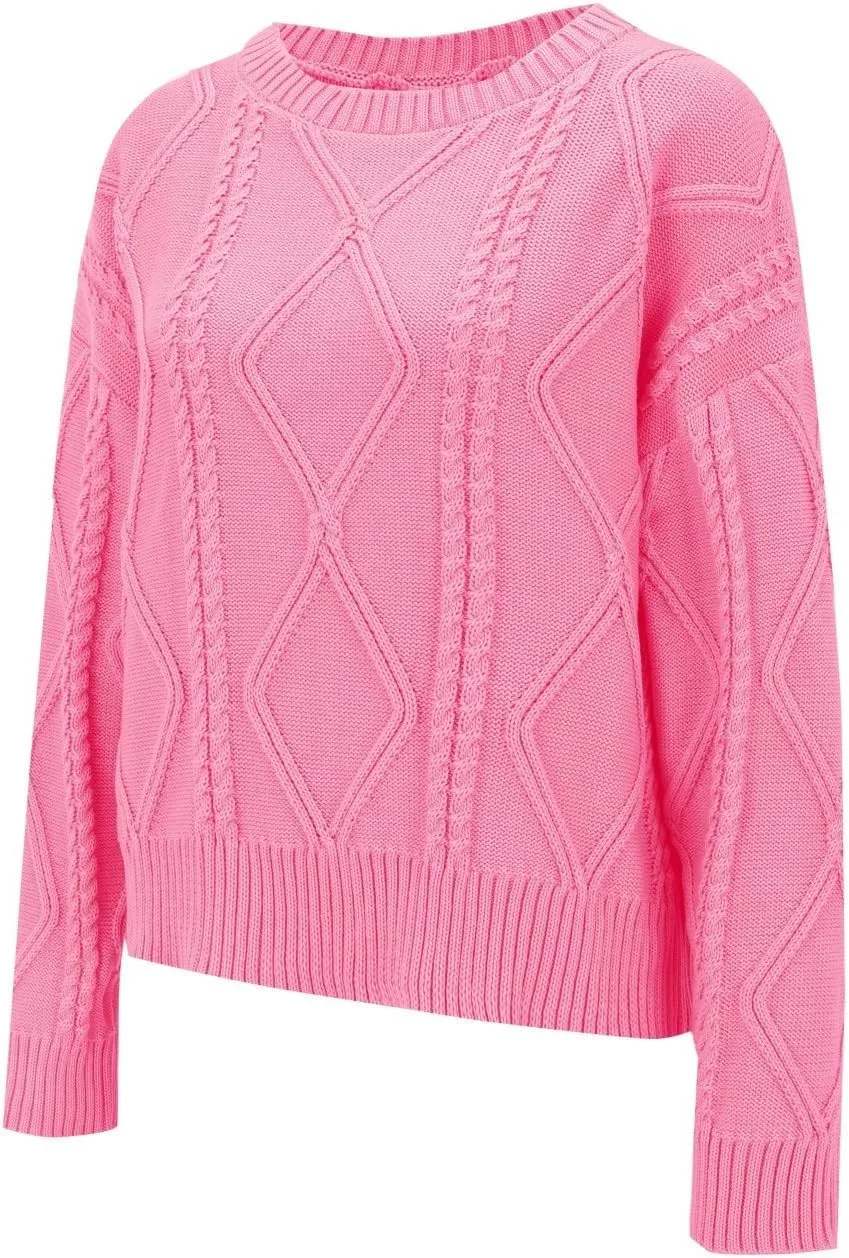 Womens Cable Knitted Sweater Long Sleeve Crew Neck Casual Fall Shirts Loose Fit Solid Color Pullover Sweaters Tops