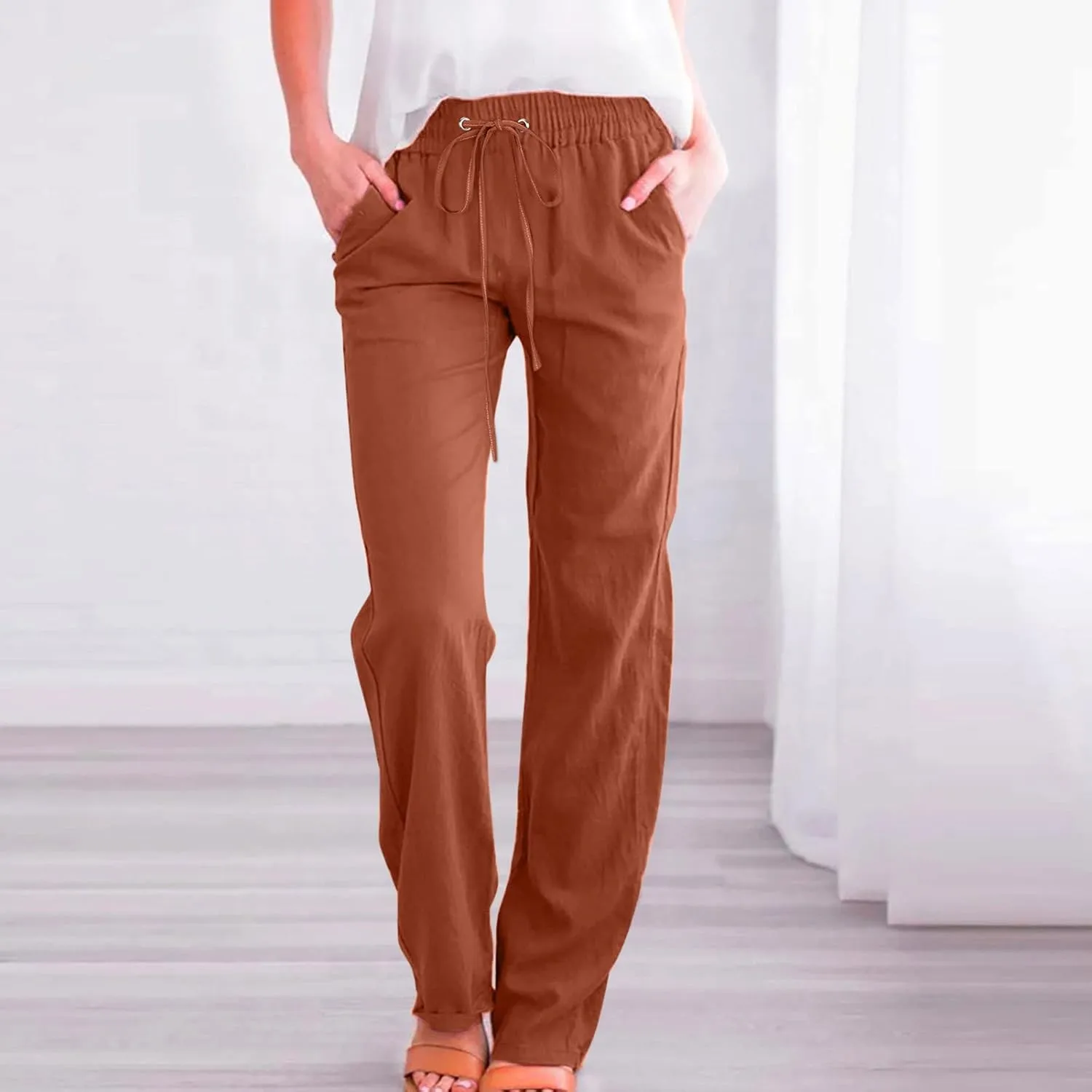 Womens Casual Cotton Linen Pants Lightweight Elastic Waist Pant Summer Fall Lounge Plain Drawstring Trousers, Large