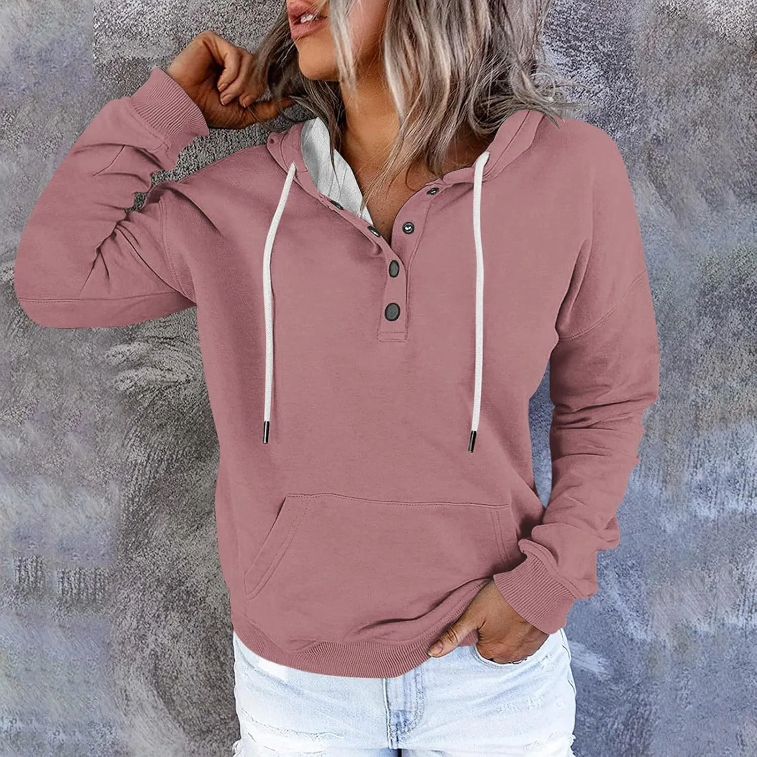Womens Casual Hoodies Fall Button Long Sleeve Sweatshirts Solid Color Drawstring Pullover Hooded Shirts with Pocket