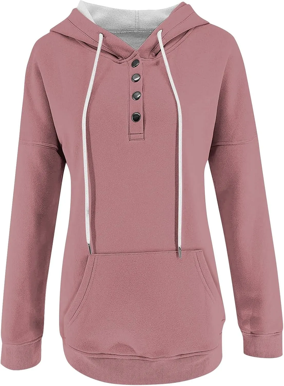 Womens Casual Hoodies Fall Button Long Sleeve Sweatshirts Solid Color Drawstring Pullover Hooded Shirts with Pocket