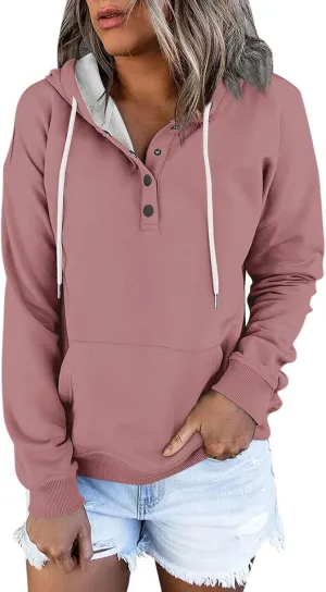 Womens Casual Hoodies Fall Button Long Sleeve Sweatshirts Solid Color Drawstring Pullover Hooded Shirts with Pocket